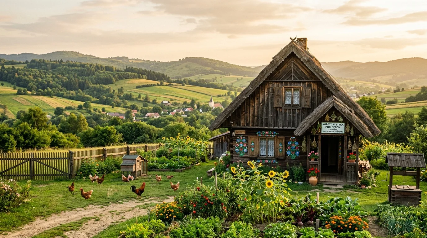 Drewniany dom w polskim gospodarstwie agroturystycznym - malownicze otoczenie z ogrodem i drewnianą werandą
