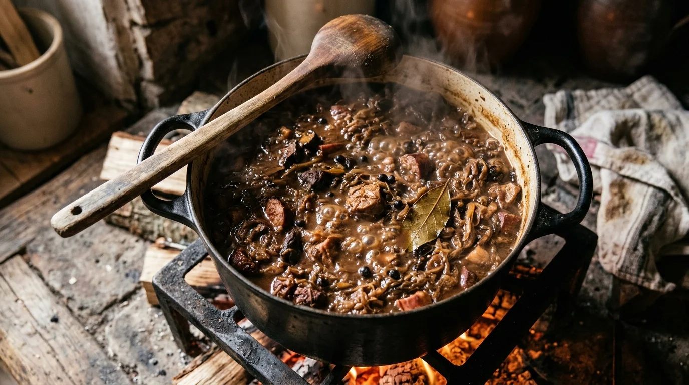 Bigos w żeliwnym garnku - kiszona kapusta z mięsem i grzybami leśnymi