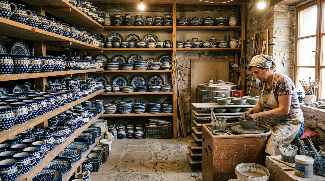 Rzemieślnik w warsztacie ceramicznym Bolesławca - ręczne zdobienie naczyń gąbką w tradycyjne wzory cobalt