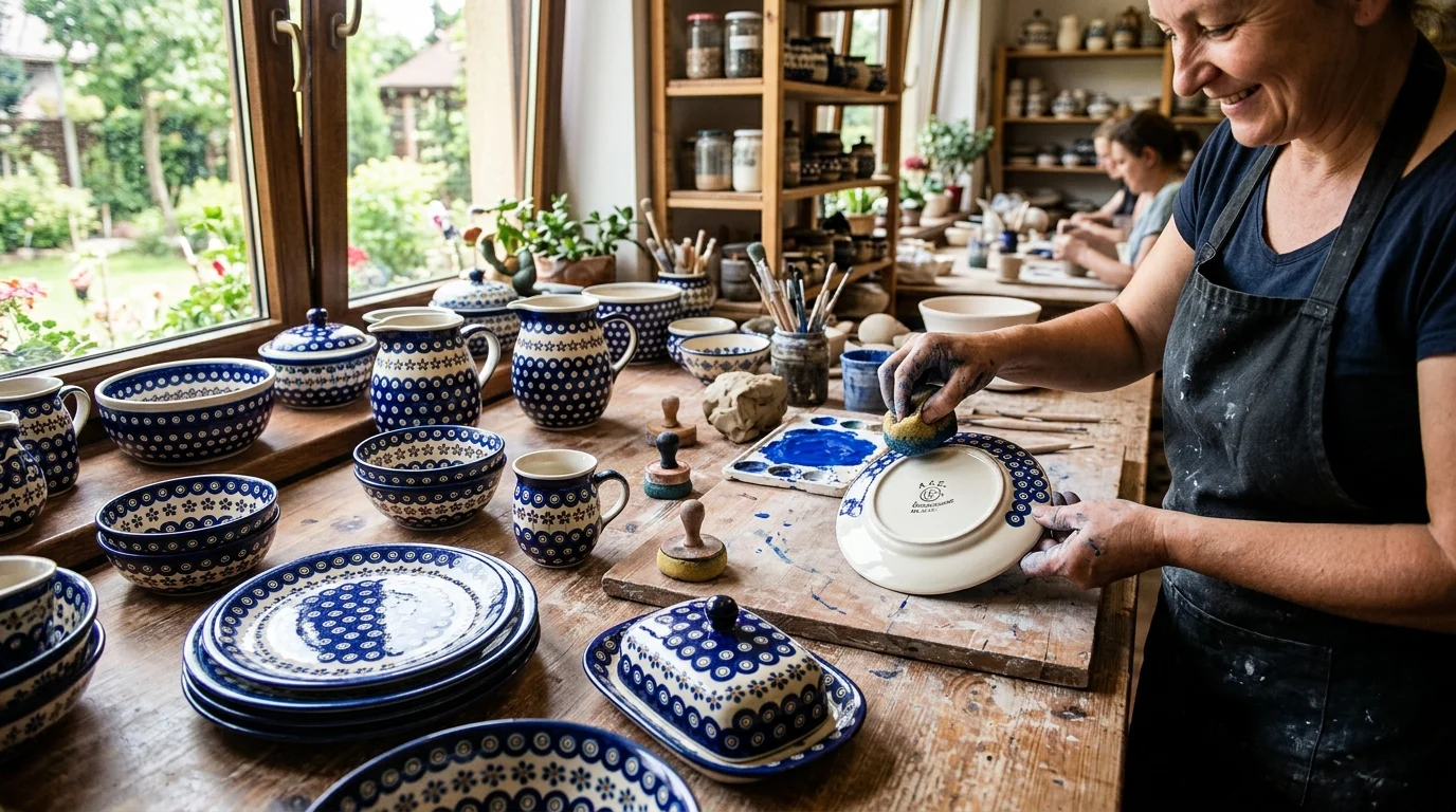 Technika stemplowania gąbką na ceramice bolesławieckiej - nakładanie wzoru pawich oczu