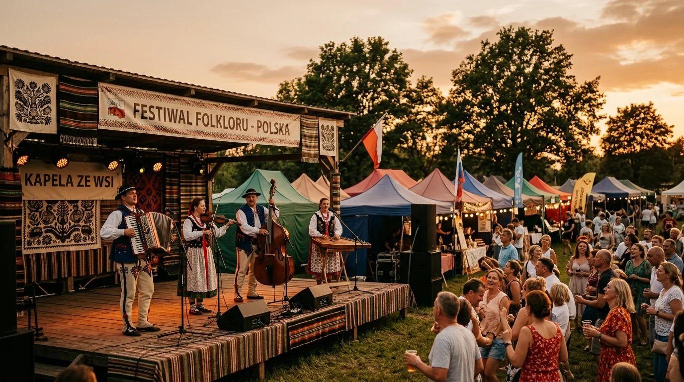 Koncert zespołu z muzyką tradycyjną na letnim festiwalu plenerowym - scena i widownia przy świetle zachodzącego słońca