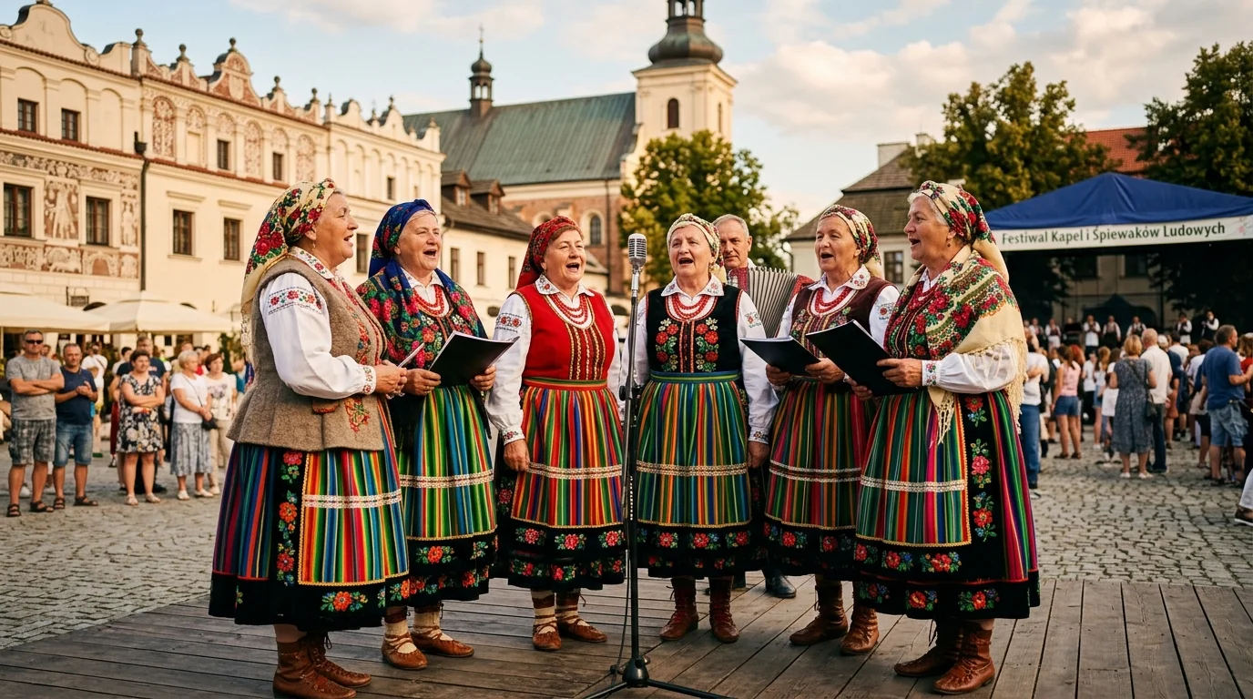 Śpiewaczki ludowe podczas przeglądu w Kazimierzu Dolnym - kolorowe stroje regionalne i tradycyjny śpiew