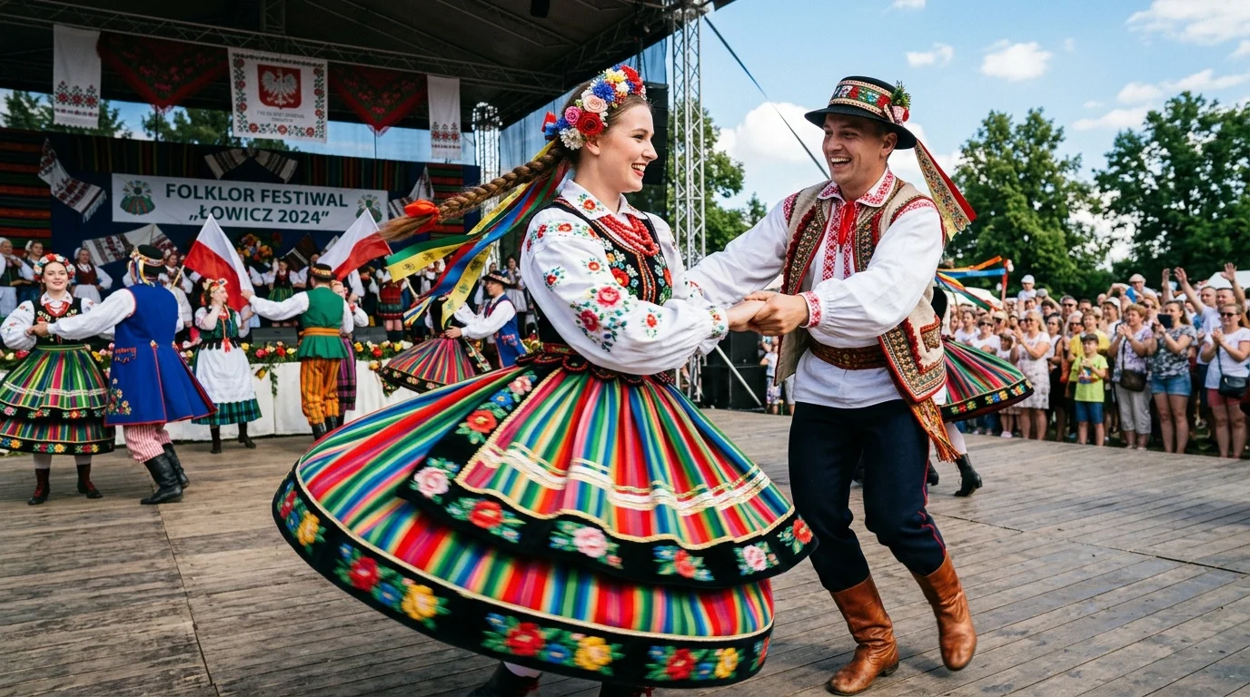 Tancerze w strojach ludowych na festiwalu folklorystycznym - kolorowe haftowane spódnice w ruchu