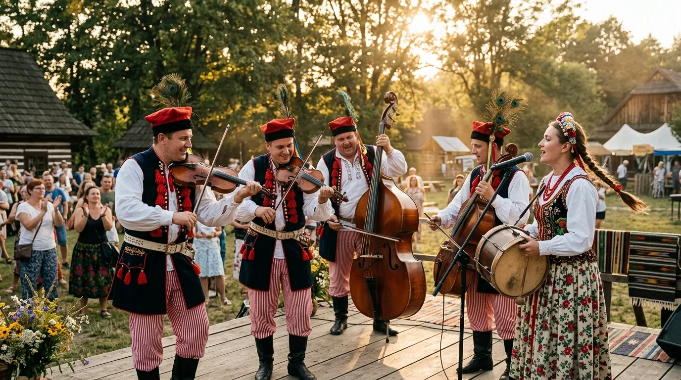 Kapela ludowa podczas festiwalu - skrzypce i instrumenty tradycyjne