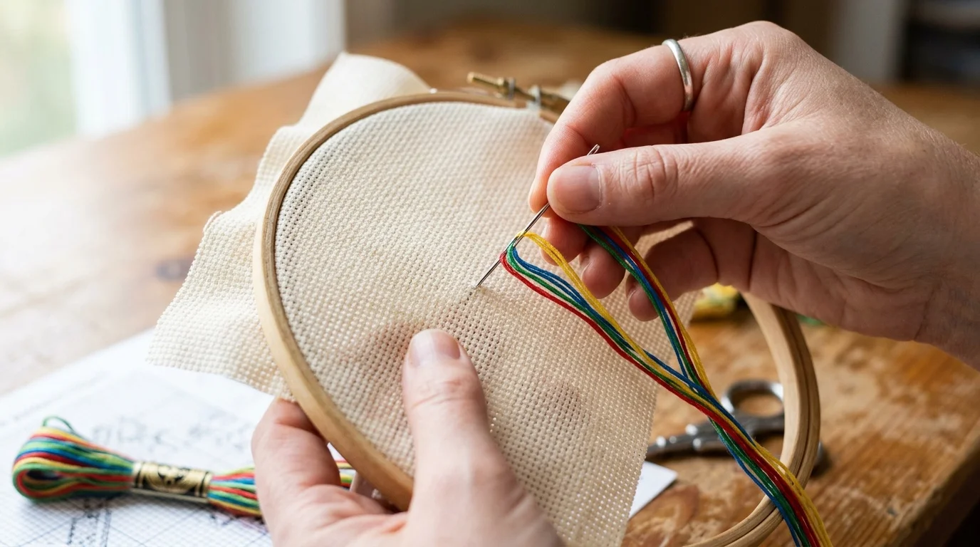 Nawlekanie igły tapestry i układanie nici mulina do haftu krzyżykowego na tkaninie aida
