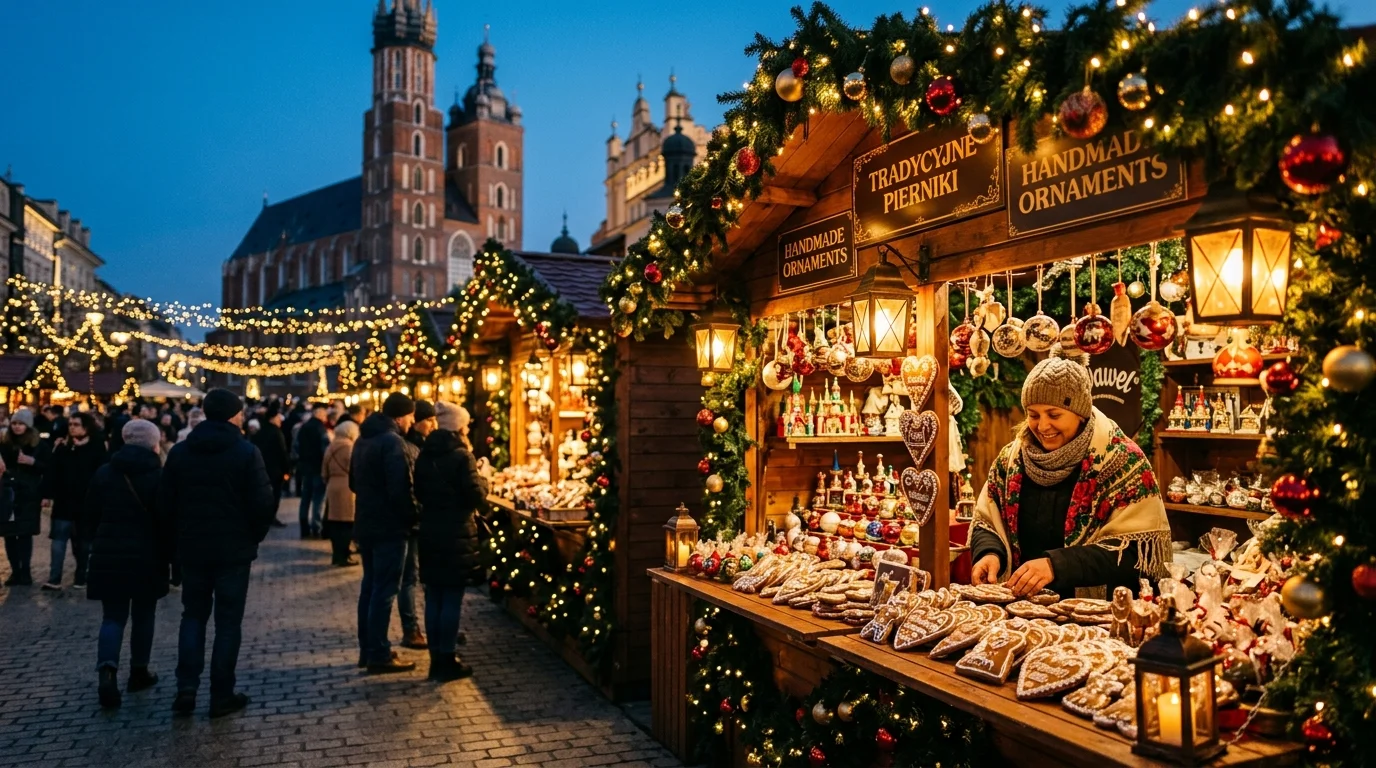 Jarmark bożonarodzeniowy w Polsce - ozdobione stoiska z lampionami i ręcznie robionymi dekoracjami