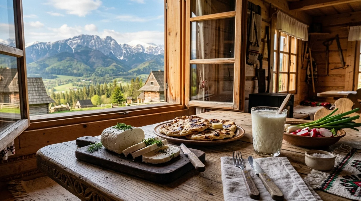 Góralskie śniadanie z bundze, mosclem i żentycą - Podhale, widok na Tatry