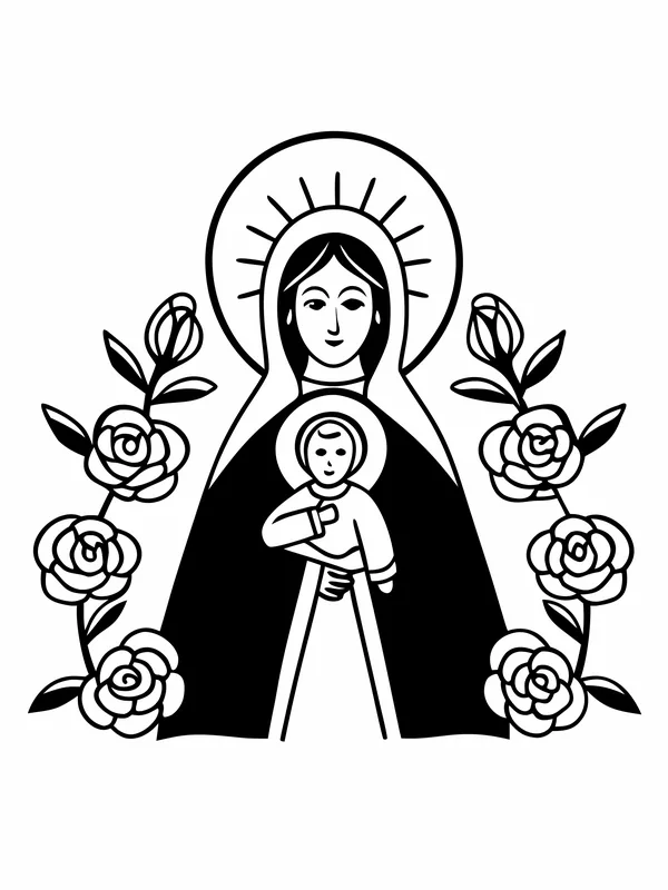 Szablon do druku - Madonna z Dzieciatkiem w stylu podhalanskim, kontury do podlozenia pod szklo