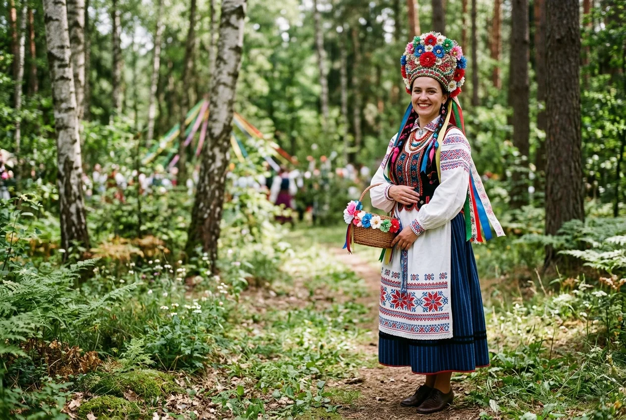 Kurpianki w tradycyjnym stroju z bibułowymi ozdobami i geometrycznym haftem krzyżykowym
