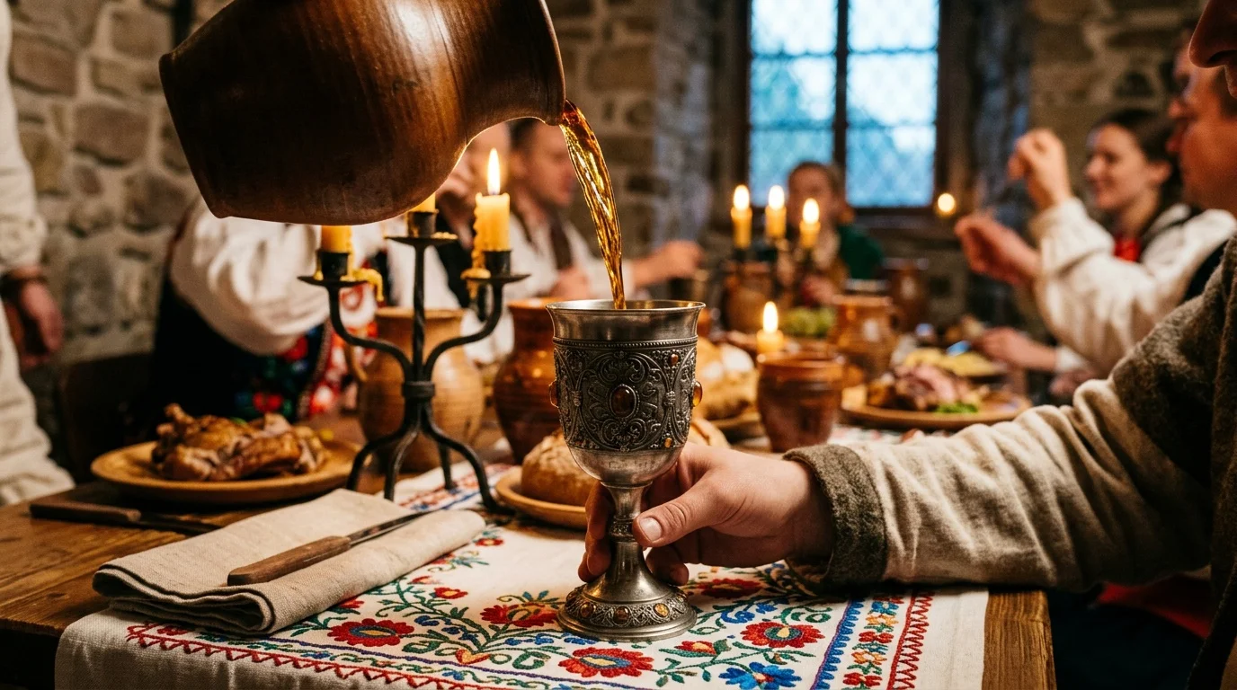 Nalewanie staropolskiego miodu pitnego do ozdobnego kielicha - tradycja miodosytnicza