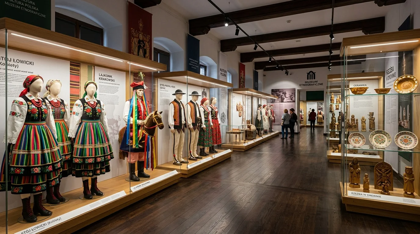 Stała ekspozycja w muzeum etnograficznym - gabloty z strojami ludowymi, ceramiką i przedmiotami codziennego użytku