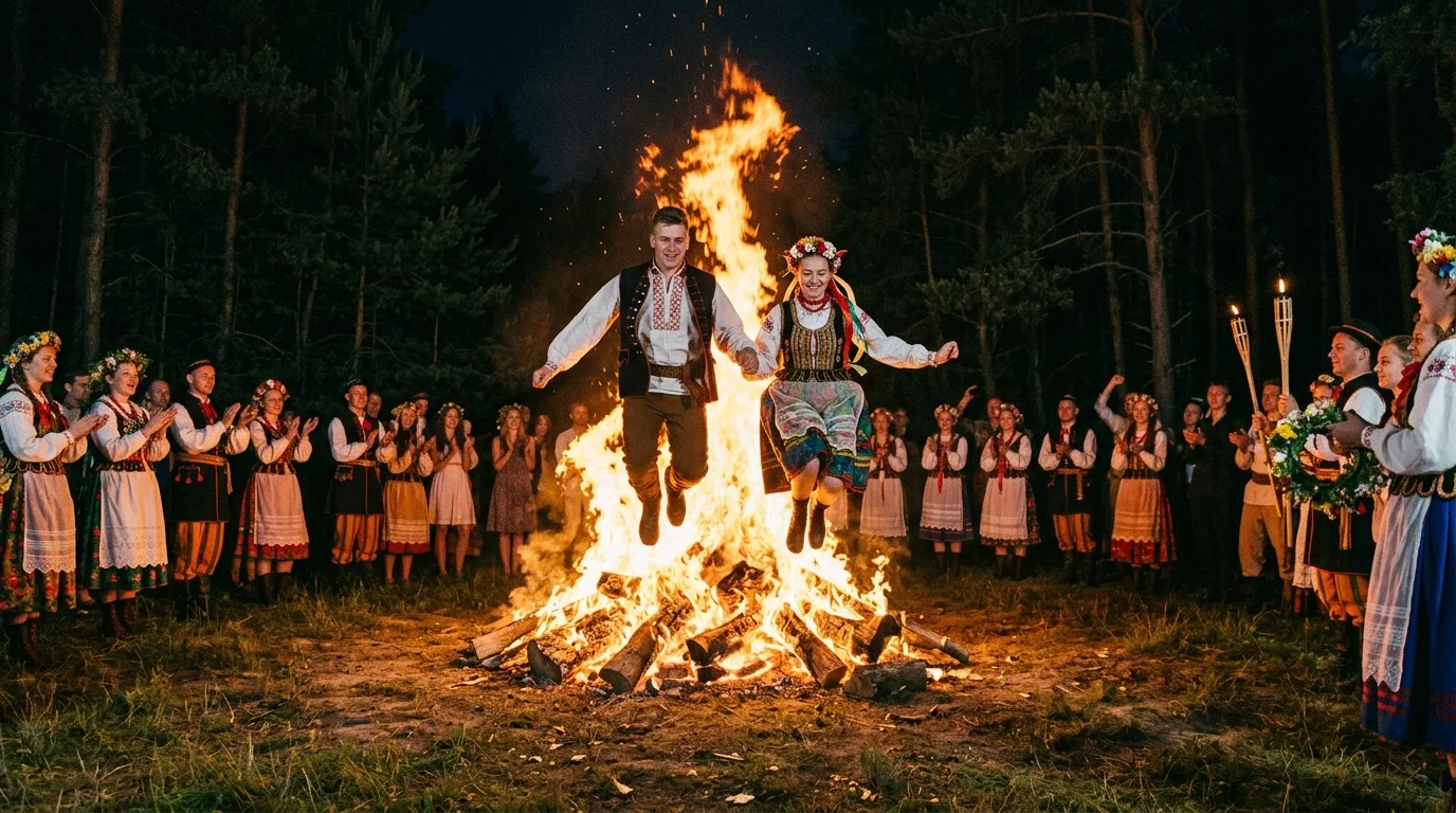 Skakanie przez sobótkowy ogień - rytuał oczyszczenia w Noc Kupały