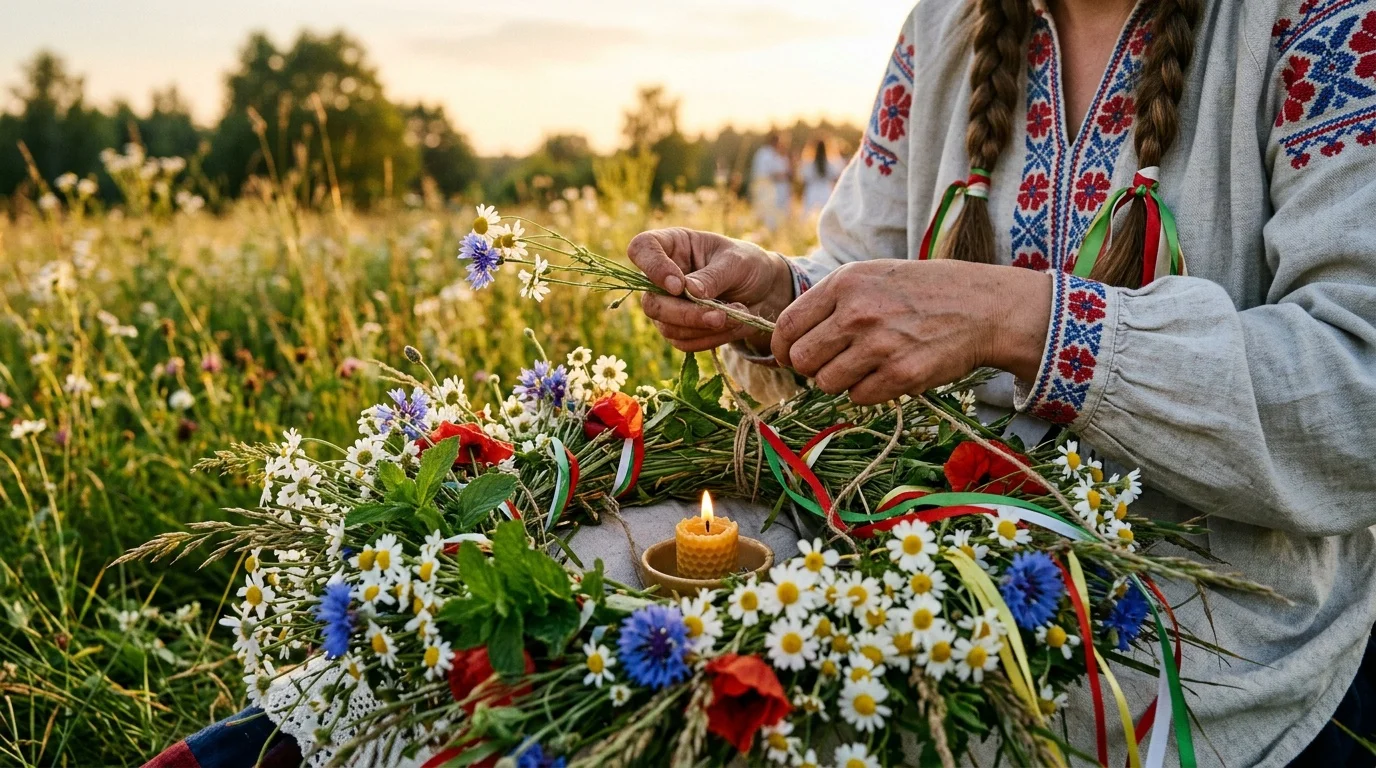 Wianek świętojański - splatanie z dzikich kwiatów na łące