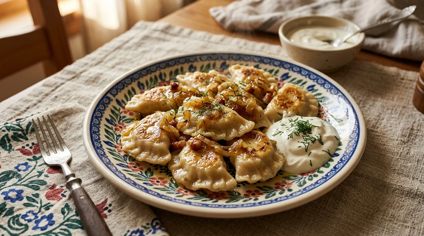 Gotowe pierogi ruskie z masłem i karmelizowaną cebulką na folkowym talerzu