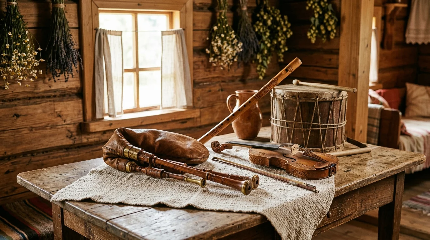 Polskie instrumenty ludowe - dudy, suka, burczybas i inne