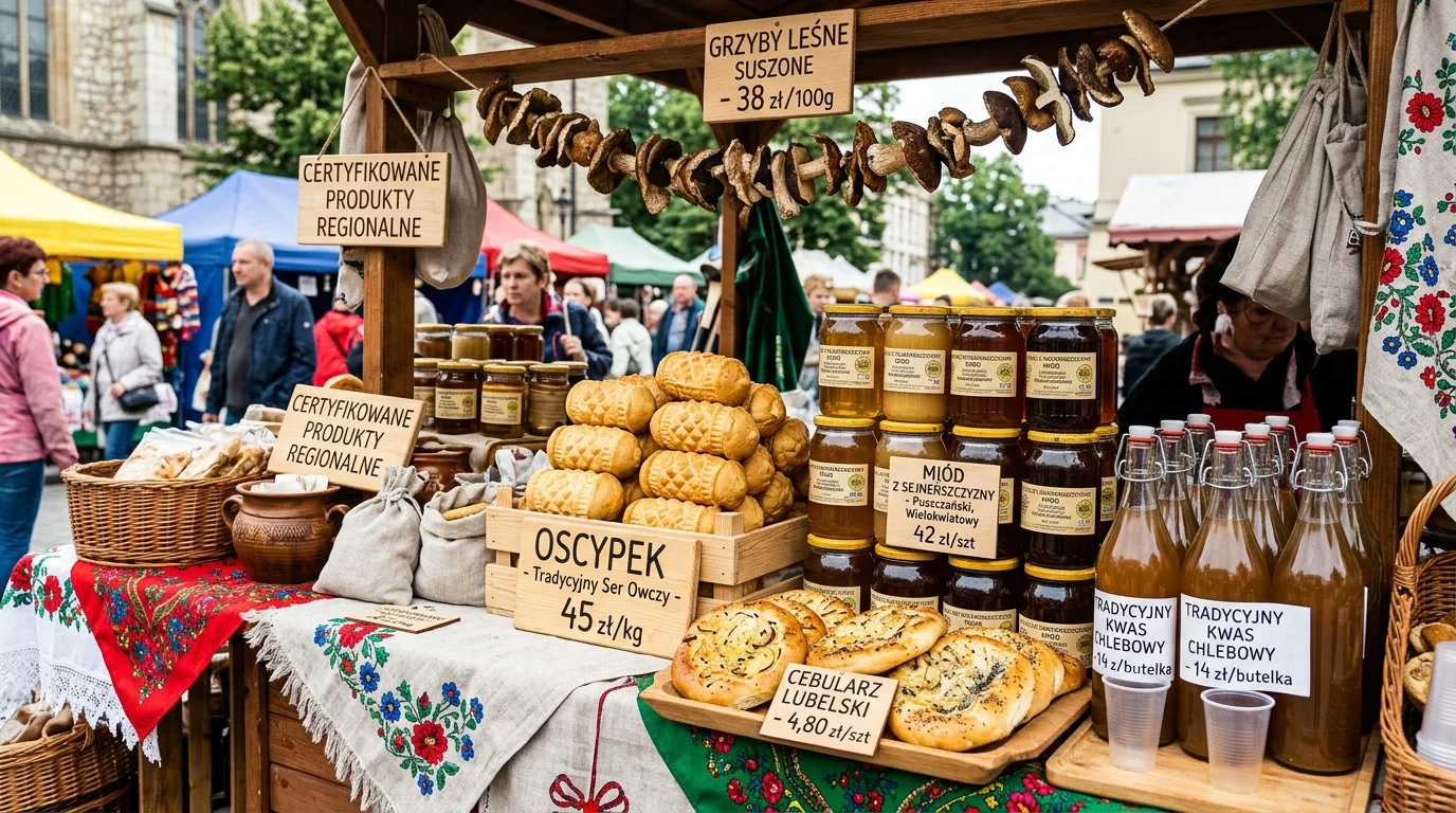 Certyfikowane polskie produkty regionalne na targu - oscypek, miód, cebularz, grzyby