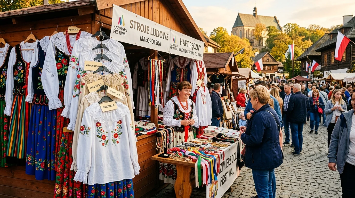 Jarmark folklorystyczny ze stoiskami sprzedającymi regionalne stroje ludowe