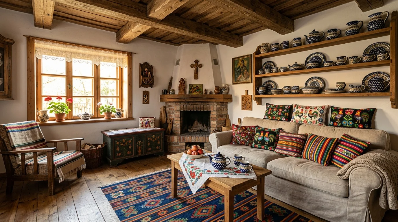 Rustykalny salon z ceramiką bolesławiecką na drewnianych półkach, łowickimi poduszkami i kilimem