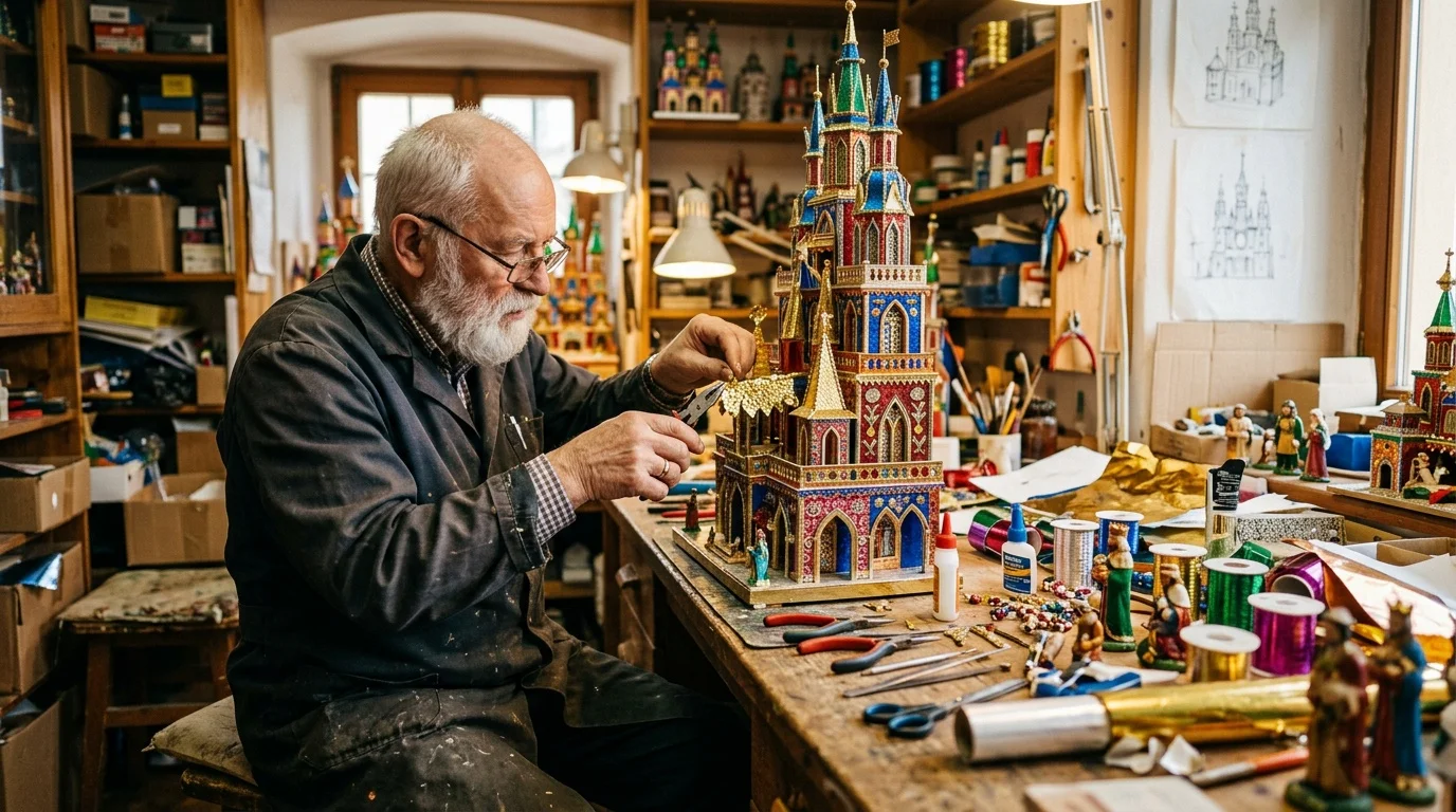 Krakowski szopkarz przy pracy nad nową szopką