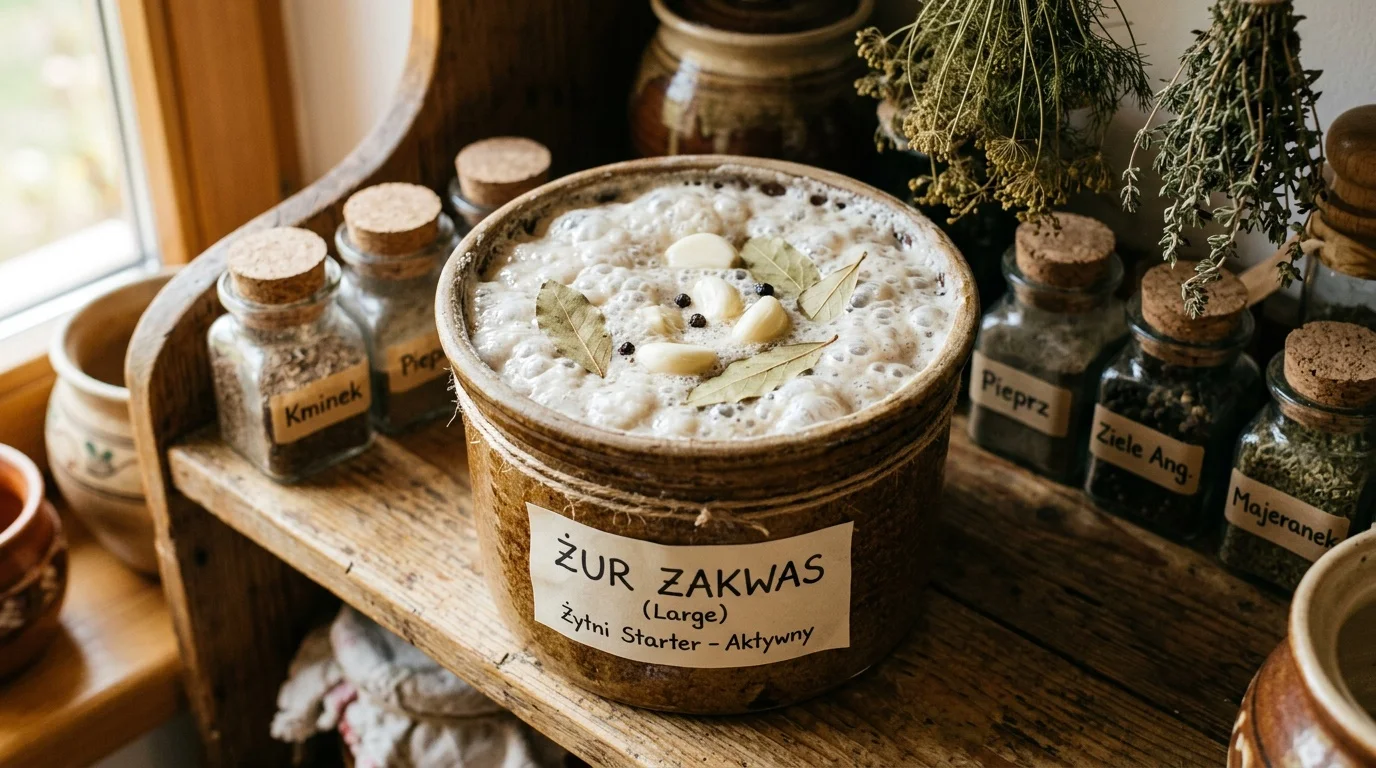 Zakwas na żurek w ceramicznym naczyniu - fermentacja mąki żytniej